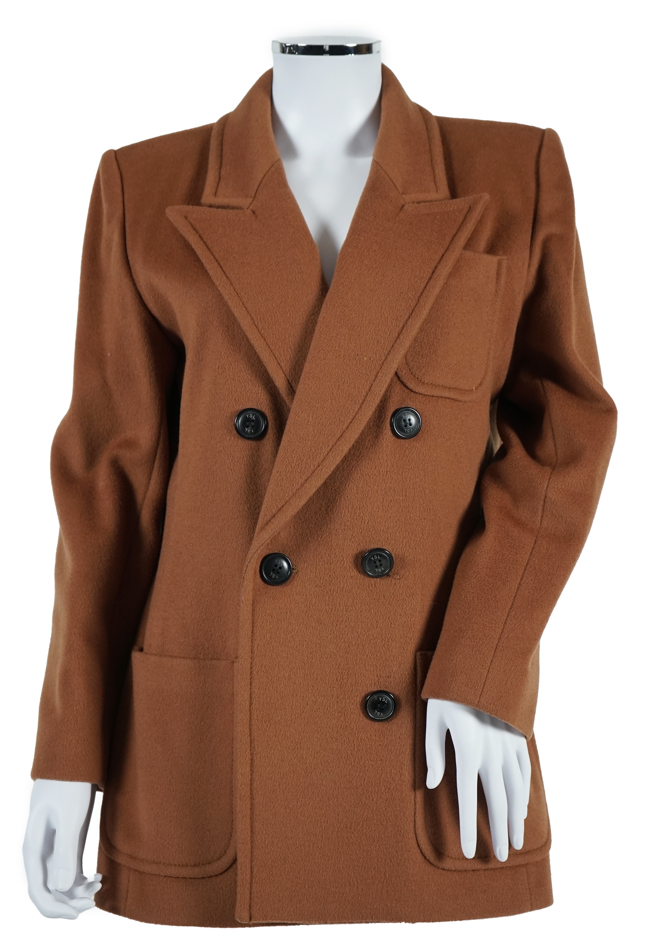 A vintage Yves Saint Laurent variation lady's dark tan double breasted coat, F 40 (UK 12). Proceeds to Happy Paws Puppy Rescue